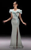 MNM Couture K4228 aqua rayon crepe column gown with off-shoulder ruffle detail | Couture Shop LA