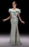 MNM Couture K4228 aqua rayon crepe column gown with off-shoulder ruffle detail | Couture Shop LA