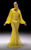 MNM Couture Style K4231 pistachio mesh fitted gown with sweetheart neckline, translucent flared bottom, bishop sleeves, and intricate sequin, bead, and fabric leaf embellishments | Couture Shop LA.