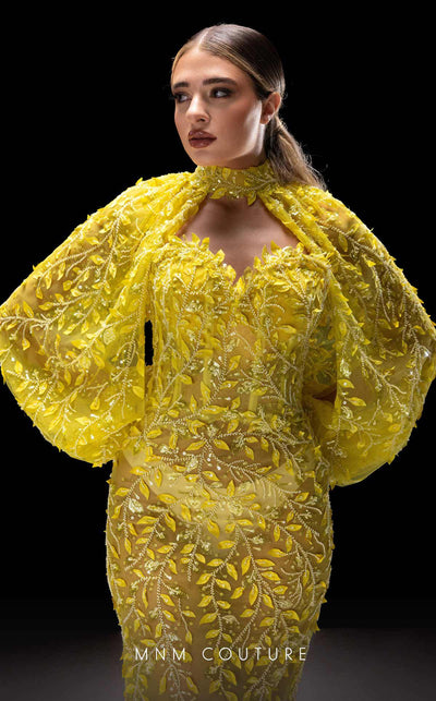 MNM Couture Style K4231 pistachio mesh fitted gown with sweetheart neckline, translucent flared bottom, bishop sleeves, and intricate sequin, bead, and fabric leaf embellishments | Couture Shop LA.