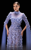 MNM Couture K4236 blue mesh embroidered A-line gown with split sleeves and illusion neckline | Couture Shop LA