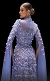 MNM Couture K4236 blue mesh embroidered A-line gown with split sleeves and illusion neckline | Couture Shop LA