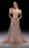 MNM Couture K4246 beige mesh fit-and-flare gown with off-shoulder cap sleeves and capes | Couture Shop LA