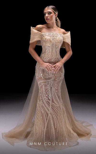 MNM Couture K4246 beige mesh fit-and-flare gown with off-shoulder cap sleeves and capes | Couture Shop LA