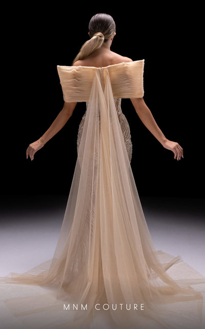 MNM Couture K4246 beige mesh fit-and-flare gown with off-shoulder cap sleeves and capes | Couture Shop LA