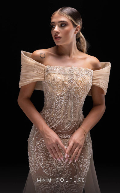 MNM Couture K4246 beige mesh fit-and-flare gown with off-shoulder cap sleeves and capes | Couture Shop LA