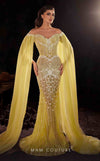 MNM Couture K4249 yellow mesh embroidered gown with cape sleeves and sweep train | Couture Shop LA