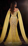 MNM Couture K4249 yellow mesh embroidered gown with cape sleeves and sweep train | Couture Shop LA