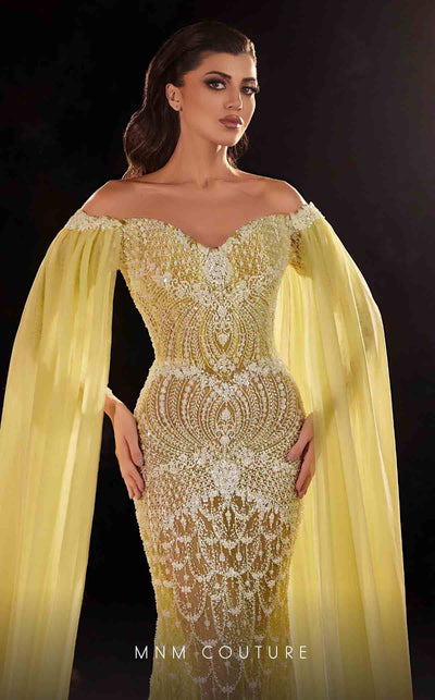 MNM Couture K4249 yellow mesh embroidered gown with cape sleeves and sweep train | Couture Shop LA