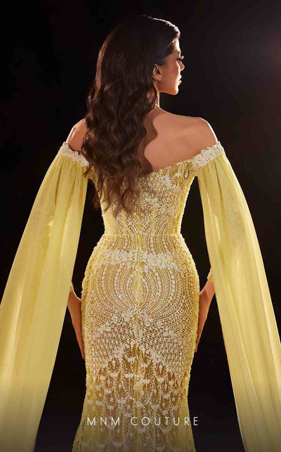 MNM Couture K4249 yellow mesh embroidered gown with cape sleeves and sweep train | Couture Shop LA