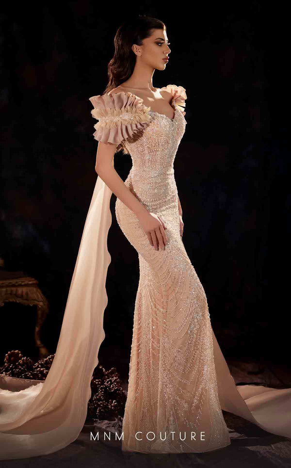 MNM Couture K4254 beige embroidered column gown with pleated cap sleeves and organza capes | Couture Shop LA