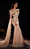 MNM Couture K4254 beige embroidered column gown with pleated cap sleeves and organza capes | Couture Shop LA