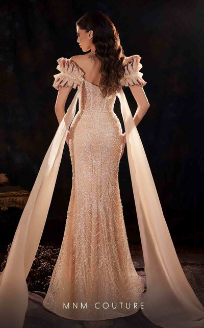 MNM Couture K4254 beige embroidered column gown with pleated cap sleeves and organza capes | Couture Shop LA