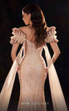 MNM Couture K4254 beige embroidered column gown with pleated cap sleeves and organza capes | Couture Shop LA