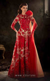 MNM Couture K4256 red embroidered A-line gown with floral detail and long sleeves | Couture Shop LA