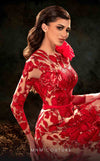 MNM Couture K4256 red embroidered A-line gown with floral detail and long sleeves | Couture Shop LA