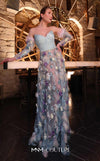 MNM Couture Style K4270 multi-color flared gown with pleated sweetheart neckline, embroidered sequins and beads, fabric petals, and unique plumage details | Couture Shop LA