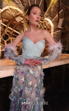 MNM Couture Style K4270 multi-color flared gown with pleated sweetheart neckline, embroidered sequins and beads, fabric petals, and unique plumage details | Couture Shop LA