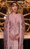 MNM Couture Style K4274 pink rayon crepe column gown featuring a deep V-neckline, sequins, beads, and pearl embroidery, and a dramatic long train cape | Couture Shop LA