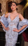 MNM Couture Style K4275 baby blue fit-and-flared gown featuring embroidered sequins, fabric flowers, spaghetti straps, sweep train, and short-cape embellishments | Couture Shop LA