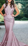 MNM Couture L0001 sleeveless mermaid dress with plunging neckline and flowing draped train. | Couture Shop LA