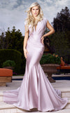 MNM Couture L0001 sleeveless mermaid dress with plunging neckline and flowing draped train. | Couture Shop LA