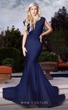 MNM Couture L0001 sleeveless mermaid dress with plunging neckline and flowing draped train. | Couture Shop LA