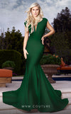 MNM Couture L0001 sleeveless mermaid dress with plunging neckline and flowing draped train. | Couture Shop LA