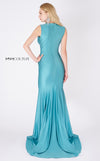 MNM Couture L0001 sleeveless mermaid dress with plunging neckline and flowing draped train. | Couture Shop LA