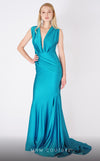 MNM Couture L0001 sleeveless mermaid dress with plunging neckline and flowing draped train. | Couture Shop LA