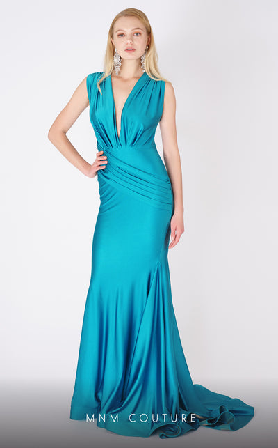 MNM Couture L0001 sleeveless mermaid dress with plunging neckline and flowing draped train. | Couture Shop LA