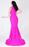 MNM Couture L0001 sleeveless mermaid dress with plunging neckline and flowing draped train. | Couture Shop LA