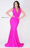 MNM Couture L0001 sleeveless mermaid dress with plunging neckline and flowing draped train. | Couture Shop LA