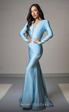 GLAM By MNM Couture L0002E maxi dress with long sleeves, V-neck, and flattering waist draping. | Couture Shop LA