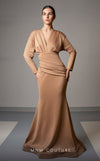 GLAM By MNM Couture L0002E maxi dress with long sleeves, V-neck, and flattering waist draping. | Couture Shop LA