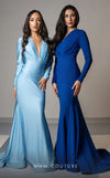 GLAM By MNM Couture L0002E maxi dress with long sleeves, V-neck, and flattering waist draping. | Couture Shop LA