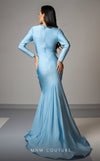 GLAM By MNM Couture L0002E maxi dress with long sleeves, V-neck, and flattering waist draping. | Couture Shop LA