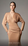 GLAM By MNM Couture L0002E maxi dress with long sleeves, V-neck, and flattering waist draping. | Couture Shop LA