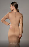GLAM By MNM Couture L0002E maxi dress with long sleeves, V-neck, and flattering waist draping. | Couture Shop LA
