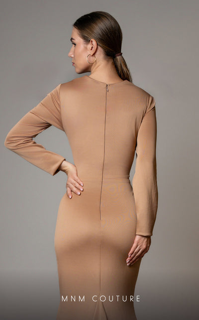 GLAM By MNM Couture L0002E maxi dress with long sleeves, V-neck, and flattering waist draping. | Couture Shop LA