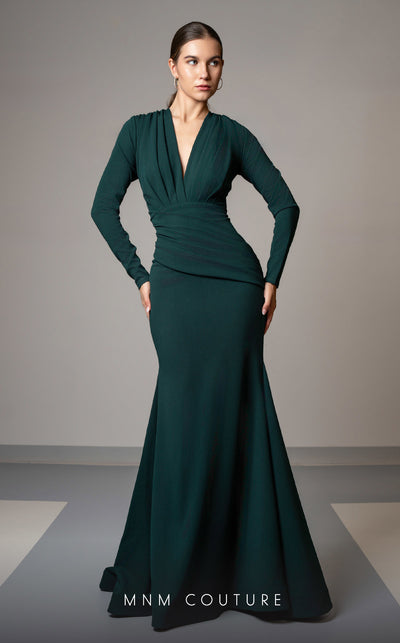 GLAM By MNM Couture L0002F mermaid maxi dress with V-neckline, long sleeves, and draped design. | Couture Shop LA