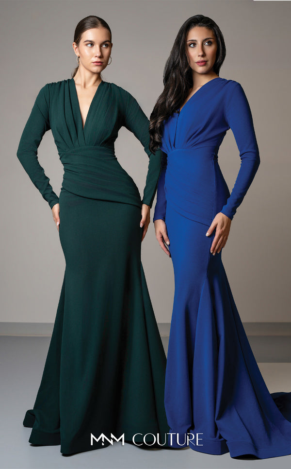 GLAM By MNM Couture L0002F mermaid maxi dress with V-neckline, long sleeves, and draped design. | Couture Shop LA
