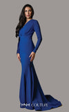 GLAM By MNM Couture L0002F mermaid maxi dress with V-neckline, long sleeves, and draped design. | Couture Shop LA