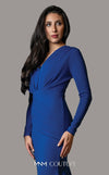 GLAM By MNM Couture L0002F mermaid maxi dress with V-neckline, long sleeves, and draped design. | Couture Shop LA