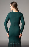 GLAM By MNM Couture L0002F mermaid maxi dress with V-neckline, long sleeves, and draped design. | Couture Shop LA