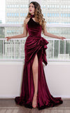 MNM Couture L0038 velvet halter dress with cascading ruffle and thigh-high slit. | Couture Shop LA