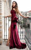 MNM Couture L0038 velvet halter dress with cascading ruffle and thigh-high slit. | Couture Shop LA