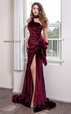 MNM Couture L0038 velvet halter dress with cascading ruffle and thigh-high slit. | Couture Shop LA