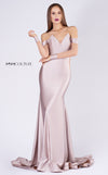 MNM Couture L0044S off-shoulder gown with illusion fabric and a long, floor-length draped tail. | Couture Shop LA