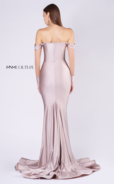 MNM Couture L0044S off-shoulder gown with illusion fabric and a long, floor-length draped tail. | Couture Shop LA